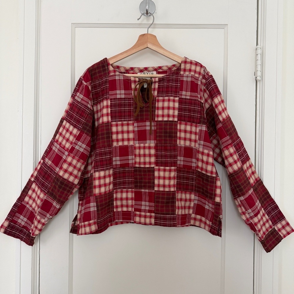 Orvis Womens Red Patchwork Plaid Boxy Cotton Top Size L Long Sleeve: Cottagecore